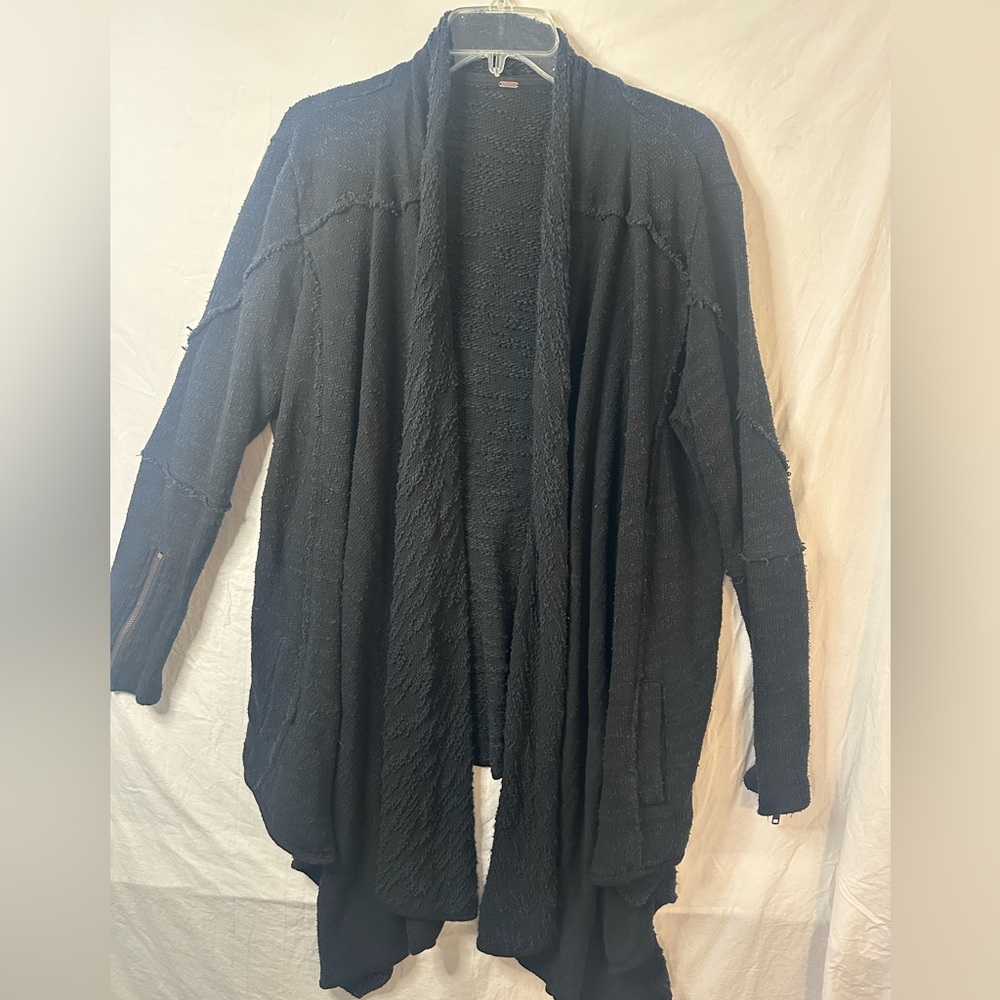 Free People Black Duster Cardigan Raw Seam Open Front Boho Sweater